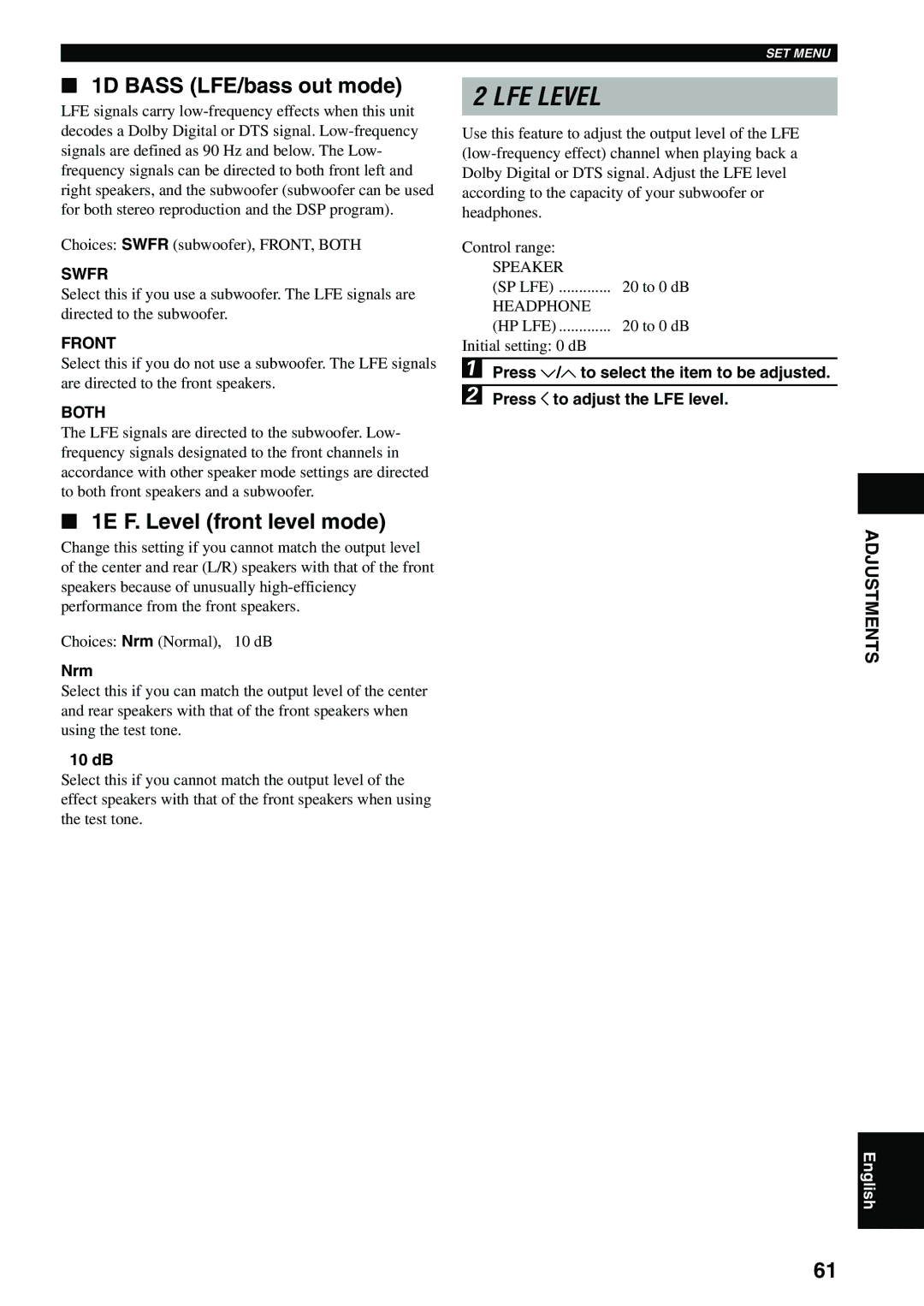 Yamaha DVX-S100 owner manual 1D Bass LFE/bass out mode, 1E F. Level front level mode, Swfr, Both 