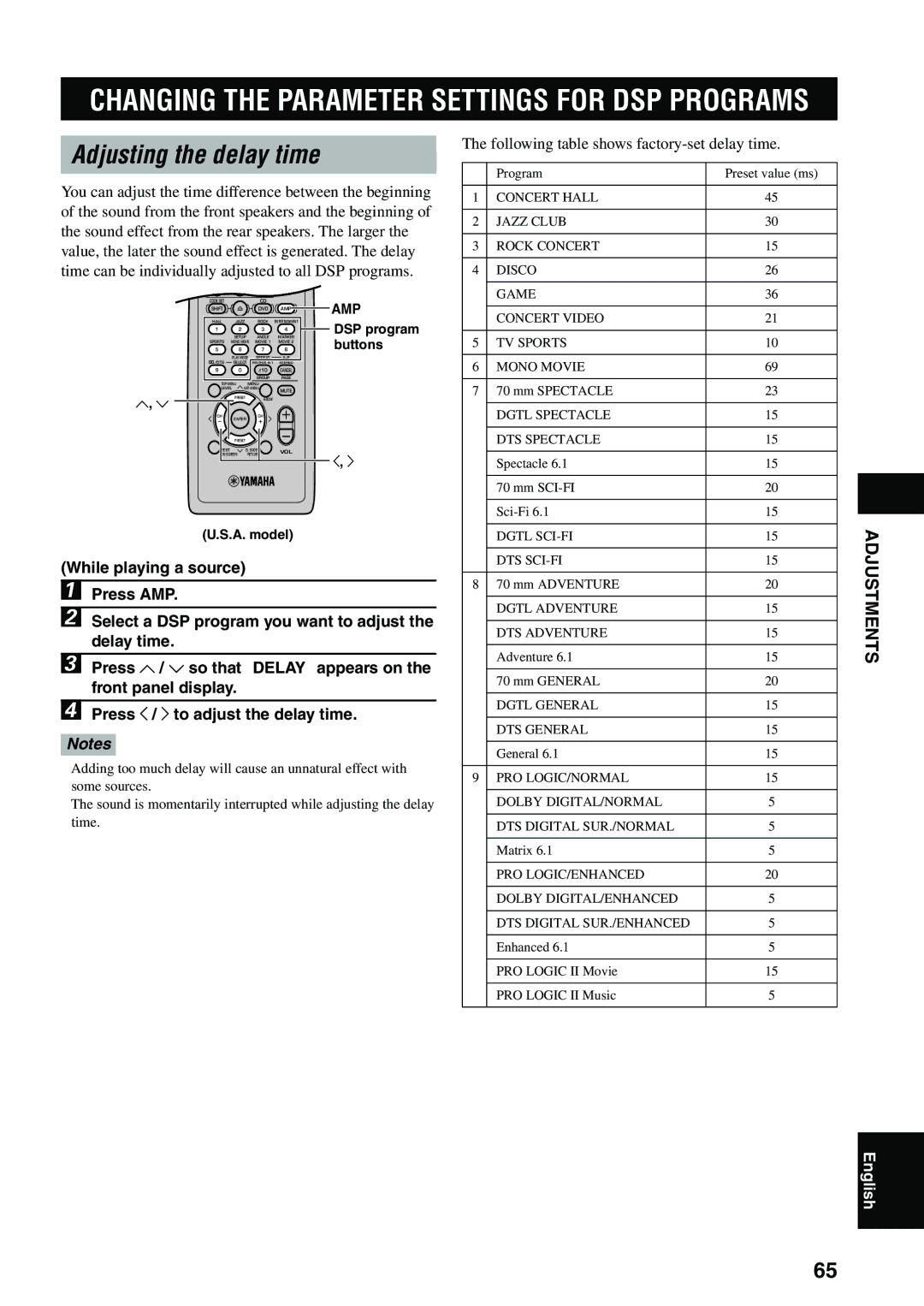 Yamaha DVX-S100 owner manual Adjusting the delay time, Following table shows factory-set delay time 