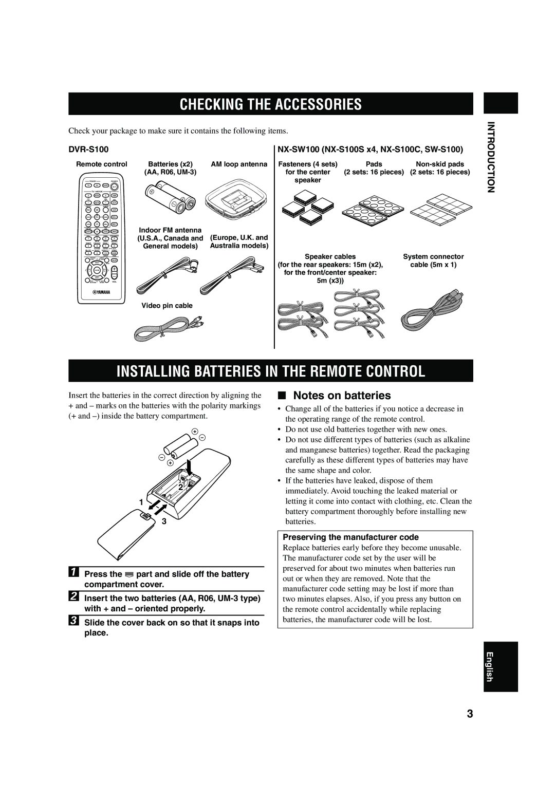 Yamaha DVX-S100 owner manual Checking the Accessories, Installing Batteries in the Remote Control, DVR-S100 