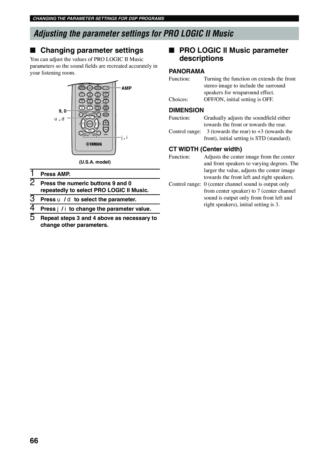 Yamaha DVX-S100 Adjusting the parameter settings for PRO Logic II Music, Changing parameter settings, Panorama, Dimension 