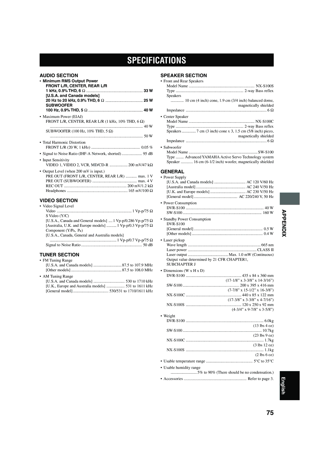 Yamaha DVX-S100 owner manual Specifications 