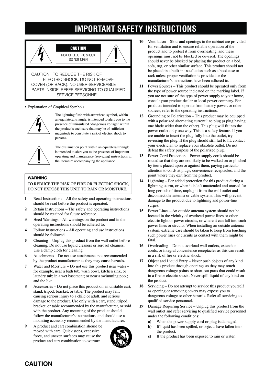 Yamaha DVX-S100 owner manual Important Safety Instructions 