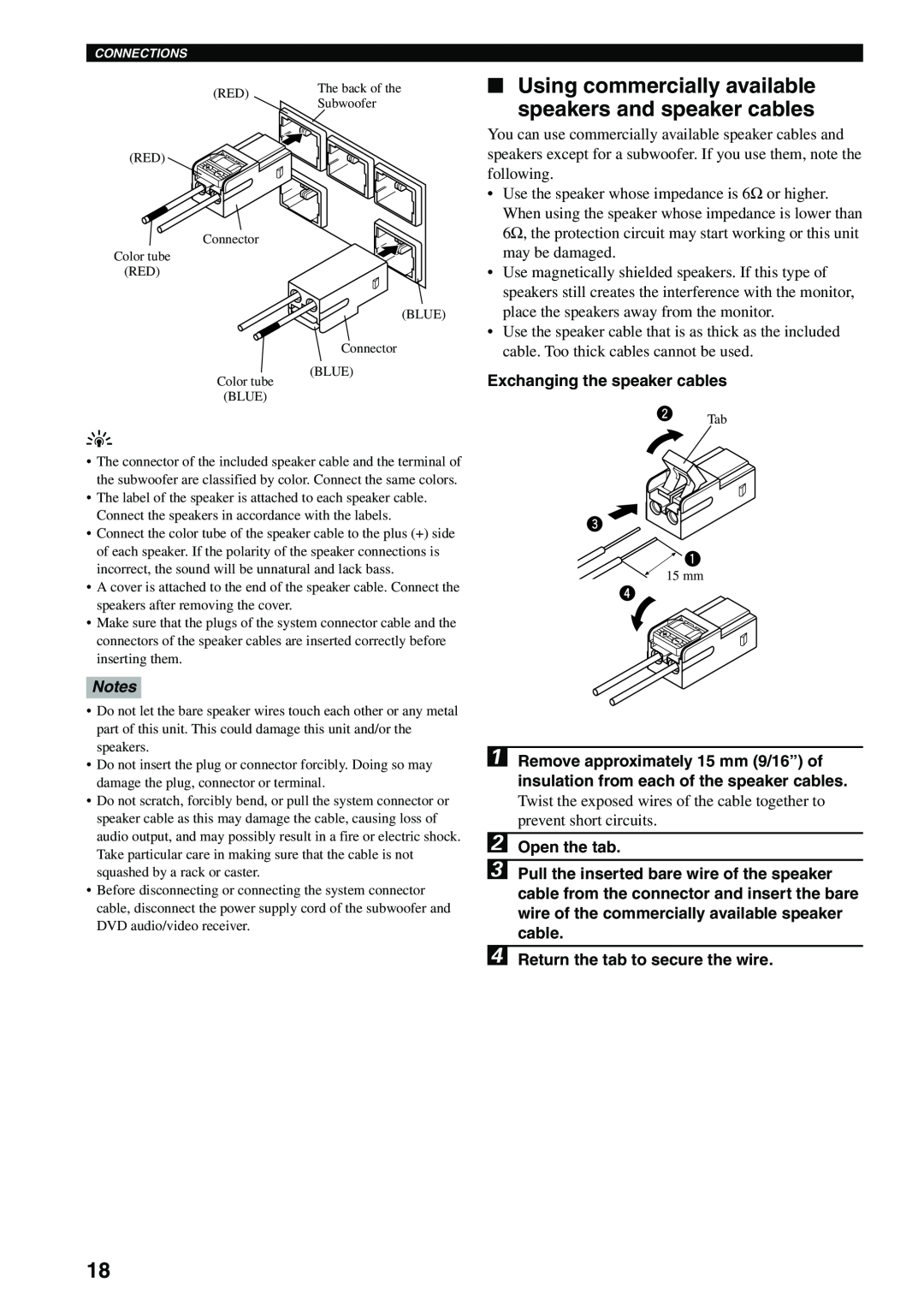 Yamaha DVX-S100 owner manual Exchanging the speaker cables, 2Open the tab, 4Return the tab to secure the wire 
