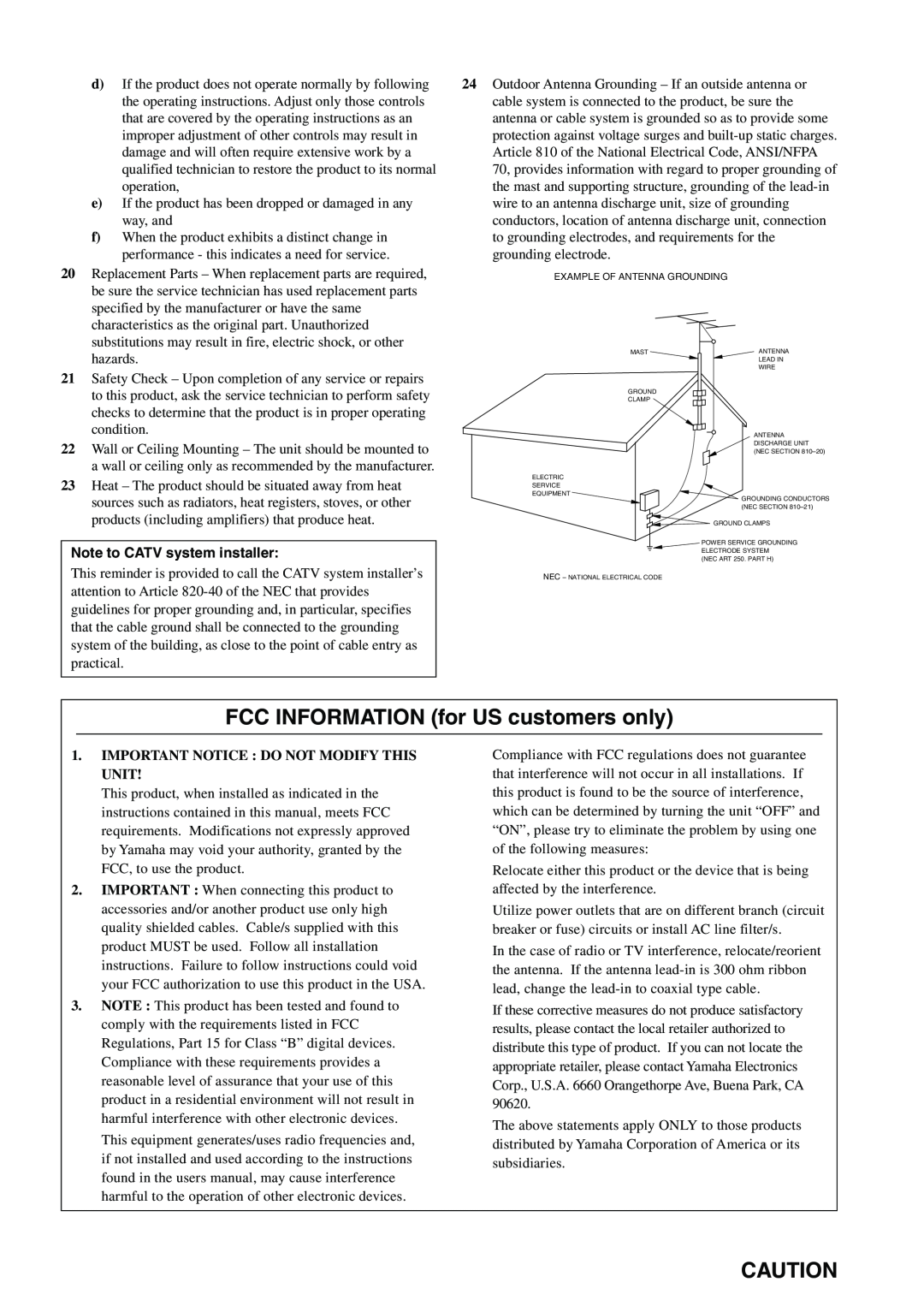 Yamaha DVX-S100 owner manual FCC INFORMATION for US customers only, Note to CATV system installer 