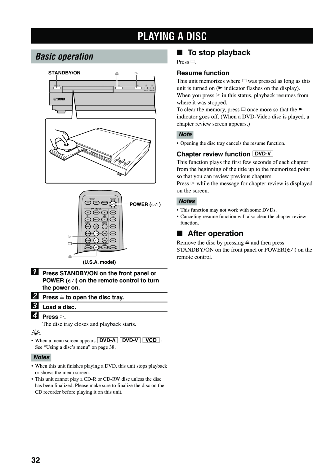 Yamaha DVX-S100 owner manual Playing A Disc, Basic operation, To stop playback, After operation, Resume function, 4Press w 