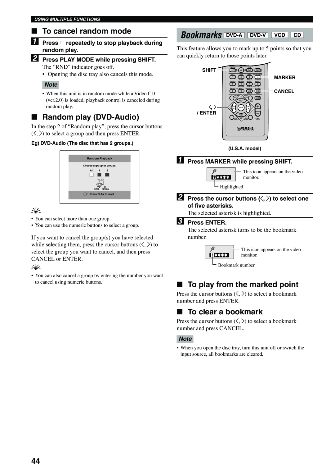 Yamaha DVX-S100 To cancel random mode, Random play DVD-Audio, To play from the marked point, To clear a bookmark 