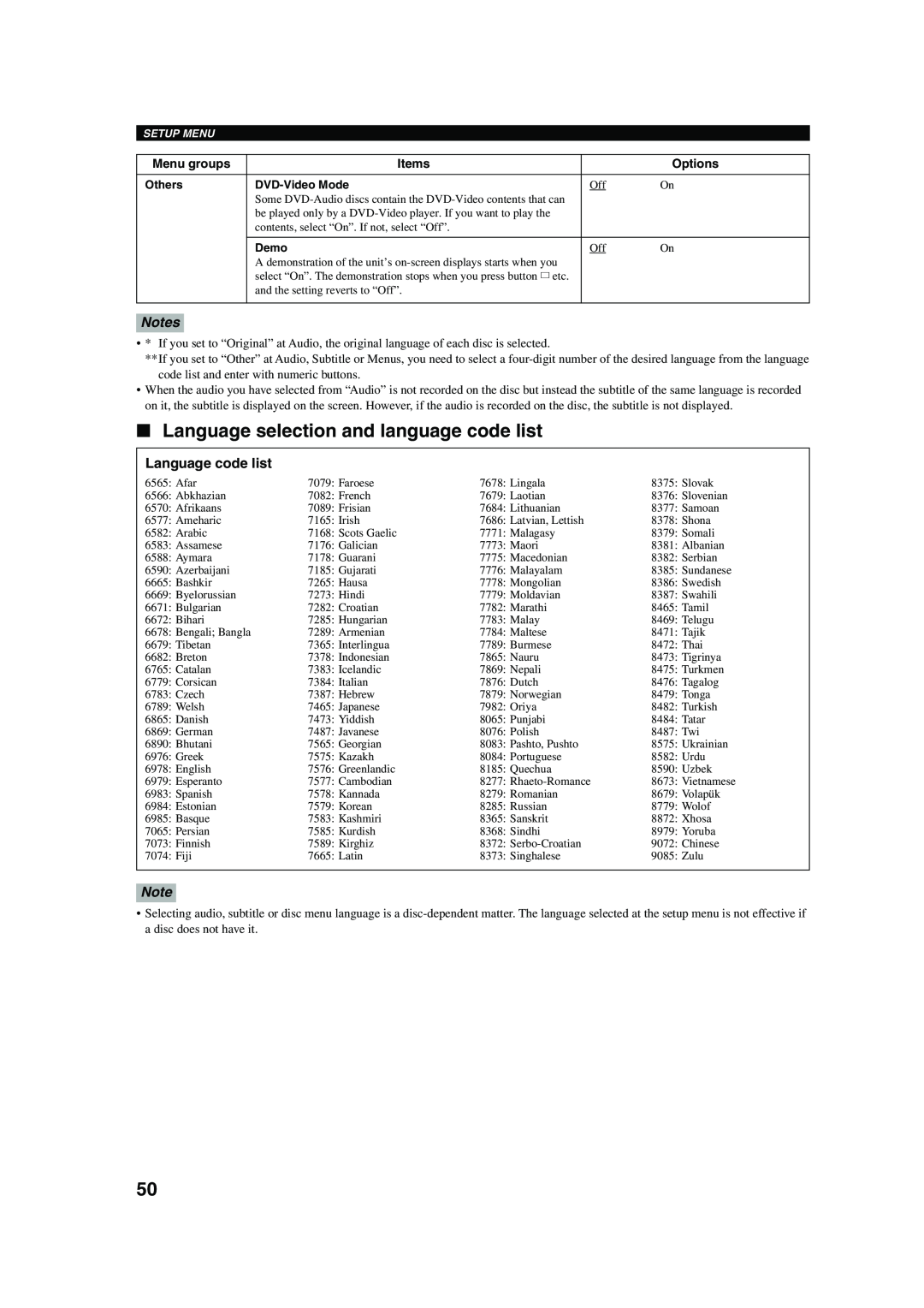 Yamaha DVX-S100 owner manual Language selection and language code list, Language code list 
