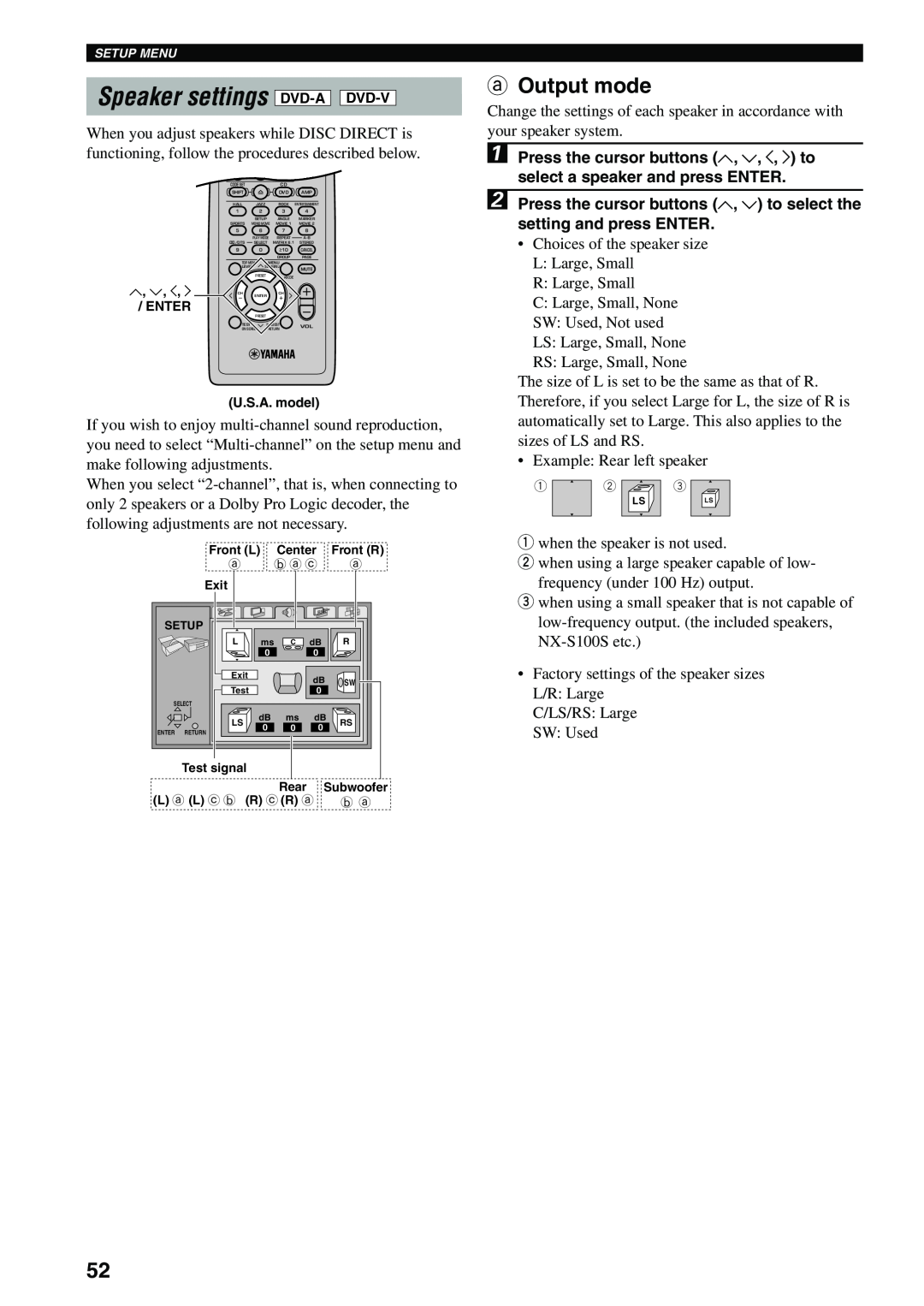 Yamaha DVX-S100 owner manual Speaker settings DVD-A DVD-V, aOutput mode 