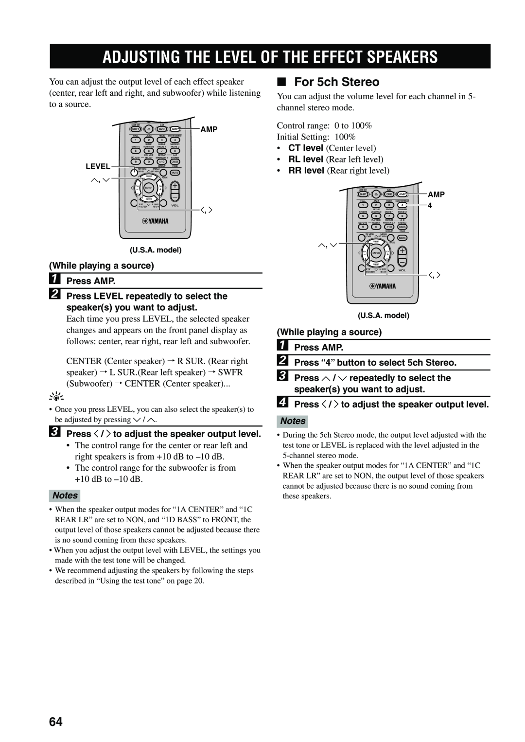 Yamaha DVX-S100 owner manual Adjusting The Level Of The Effect Speakers, For 5ch Stereo, While playing a source 1Press AMP 