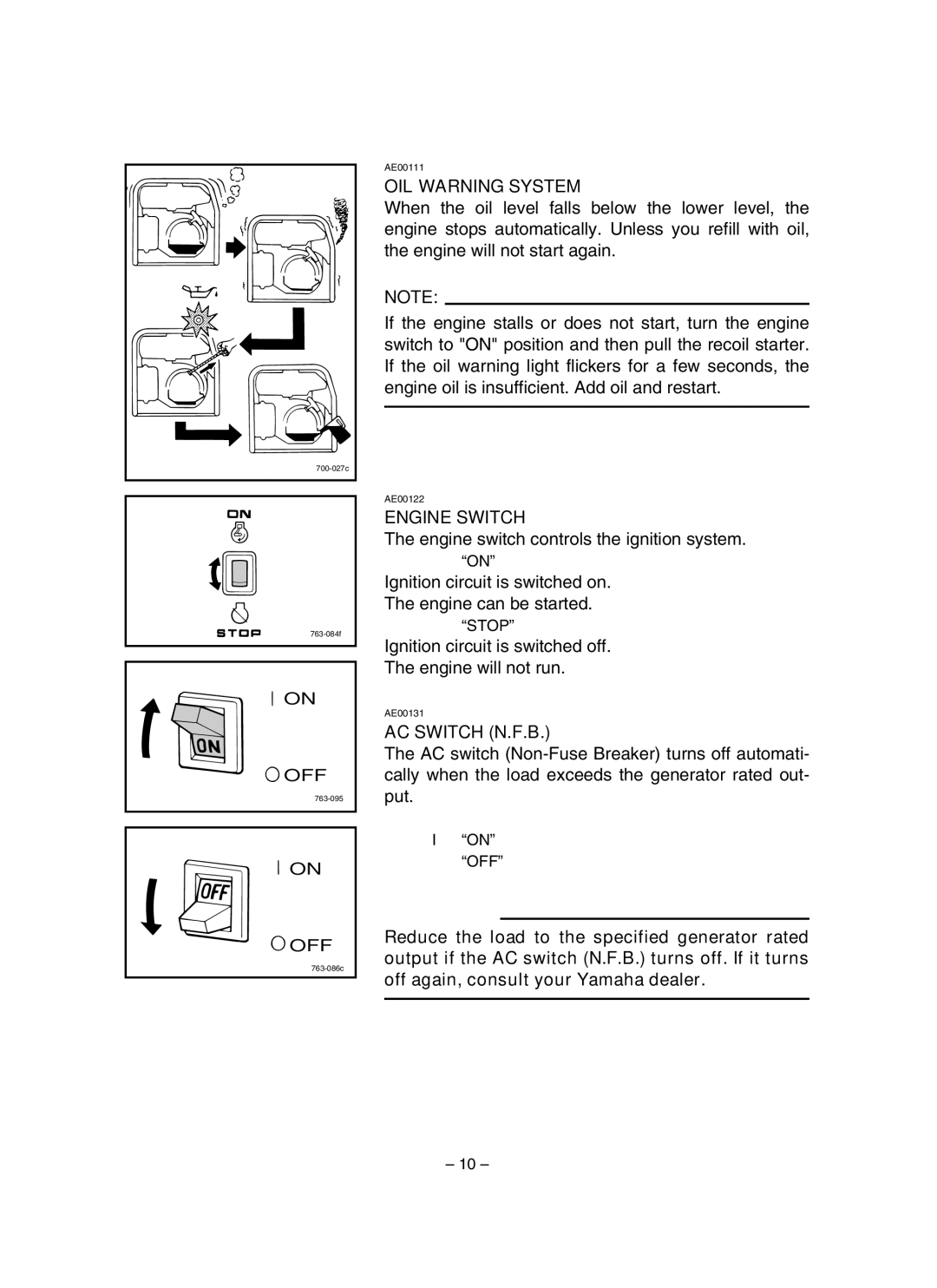 Yamaha EF1600, EF2600, YG2600 owner manual OIL Warning System, Engine Switch, AC Switch N.F.B 