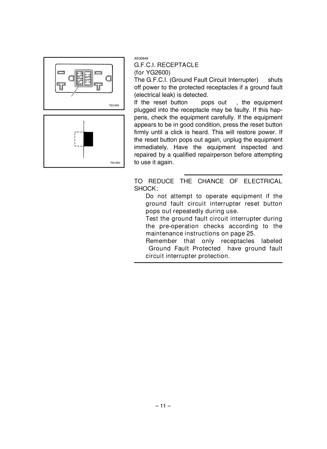 Yamaha EF1600, EF2600, YG2600 owner manual C.I. Receptacle for YG2600, To Reduce the Chance of Electrical Shock 