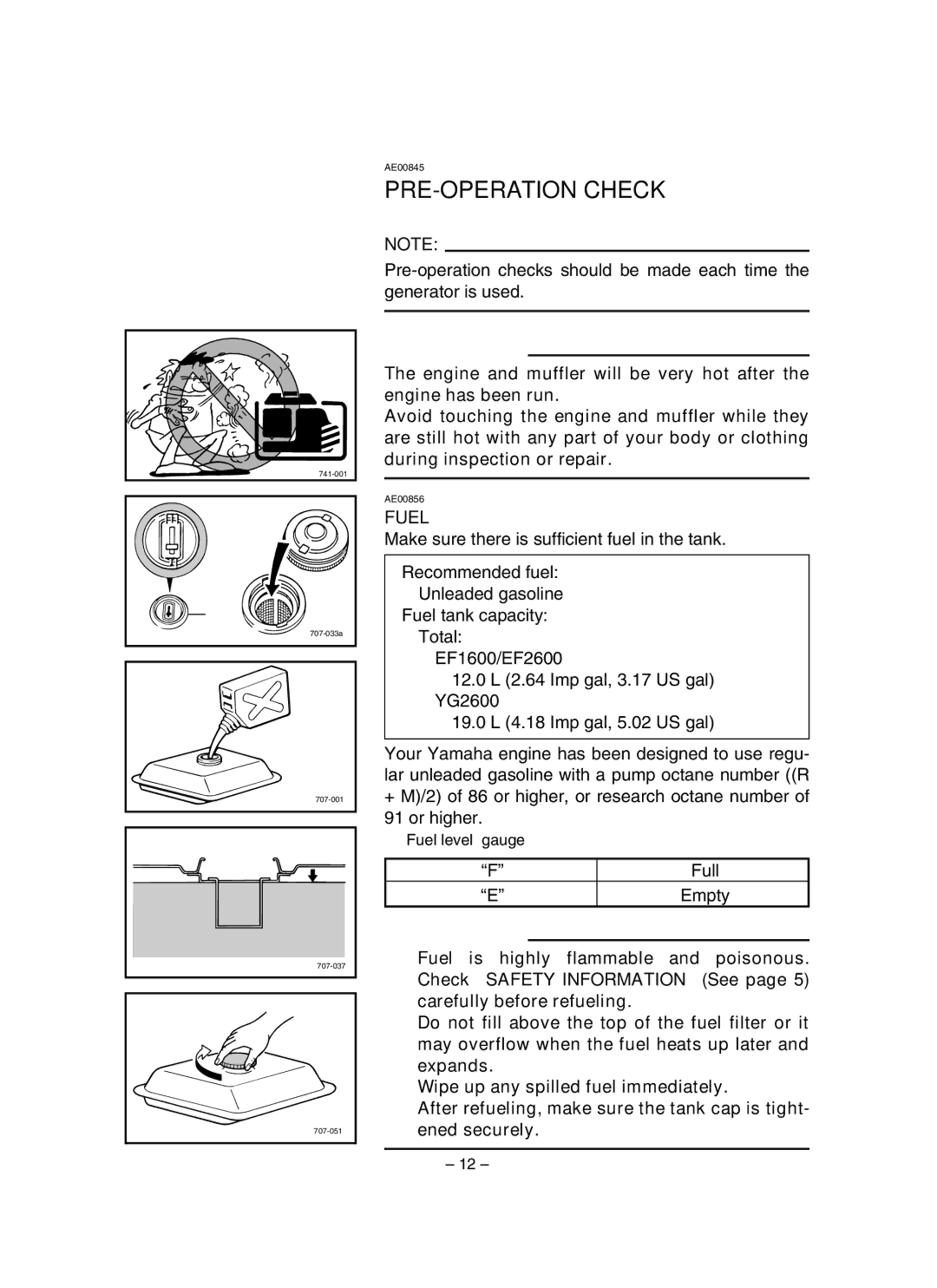 Yamaha EF1600, EF2600, YG2600 owner manual PRE-OPERATION Check, Fuel 