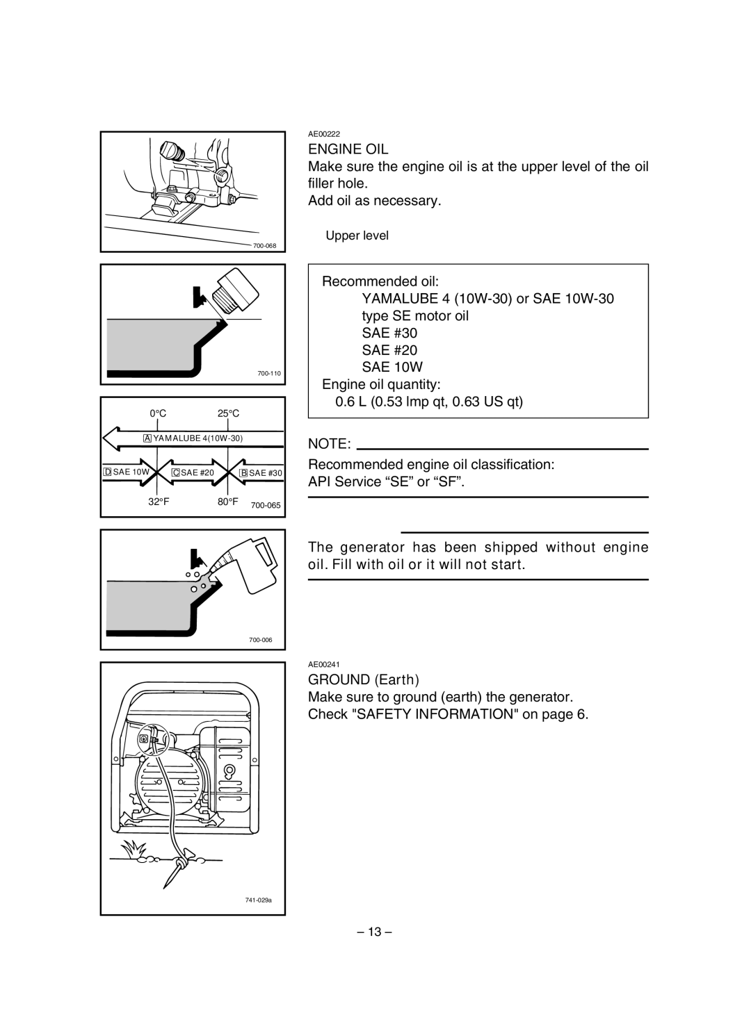 Yamaha EF1600, EF2600, YG2600 owner manual Engine OIL, Ground Earth 