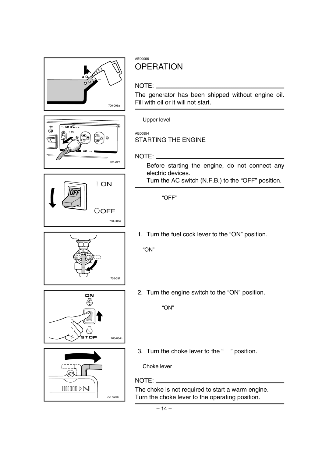 Yamaha EF1600, EF2600, YG2600 owner manual Operation, Starting the Engine 