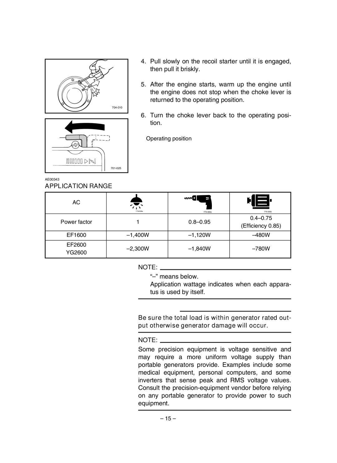 Yamaha EF1600, EF2600, YG2600 owner manual Application Range 