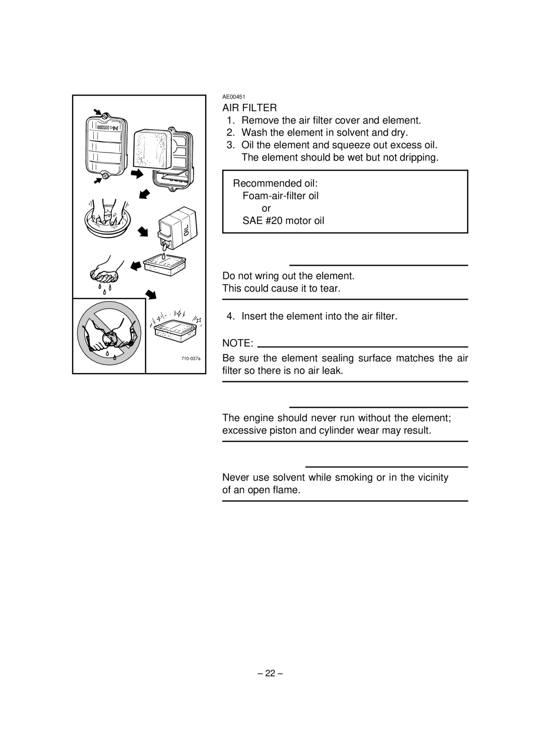 Yamaha EF1600, EF2600, YG2600 owner manual AIR Filter, Do not wring out the element This could cause it to tear 