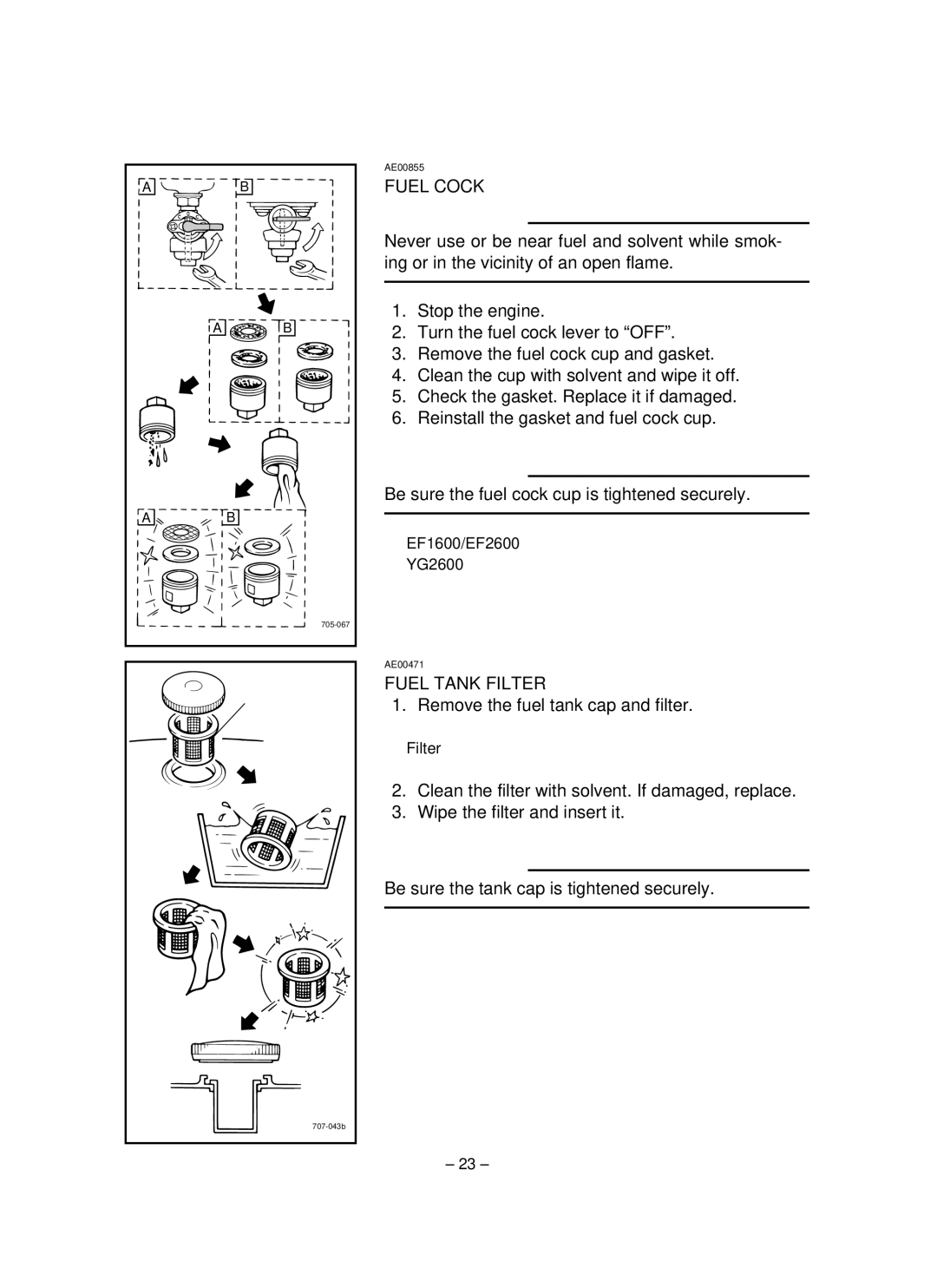 Yamaha EF1600, EF2600, YG2600 owner manual Fuel Cock, Be sure the fuel cock cup is tightened securely, Fuel Tank Filter 