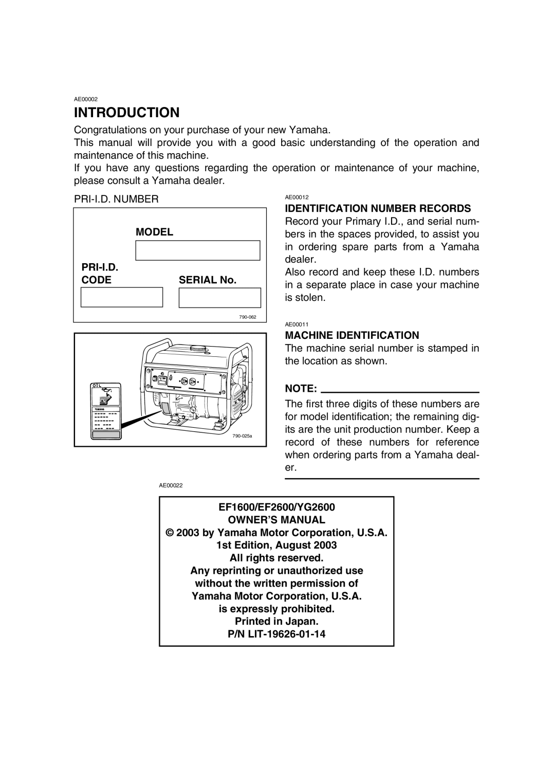 Yamaha EF1600, EF2600, YG2600 owner manual Introduction, Model PRI-I.D Code, Serial No, Identification Number Records 