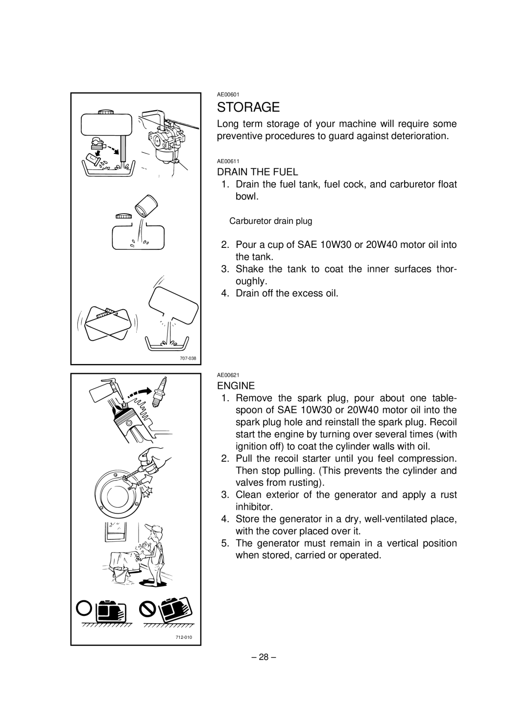 Yamaha EF1600, EF2600, YG2600 owner manual Storage, Drain the Fuel, Engine 