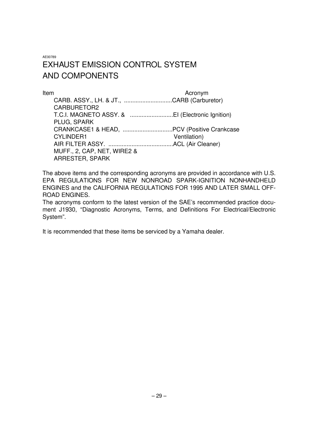 Yamaha EF1600, EF2600, YG2600 owner manual Exhaust Emission Control System Components 