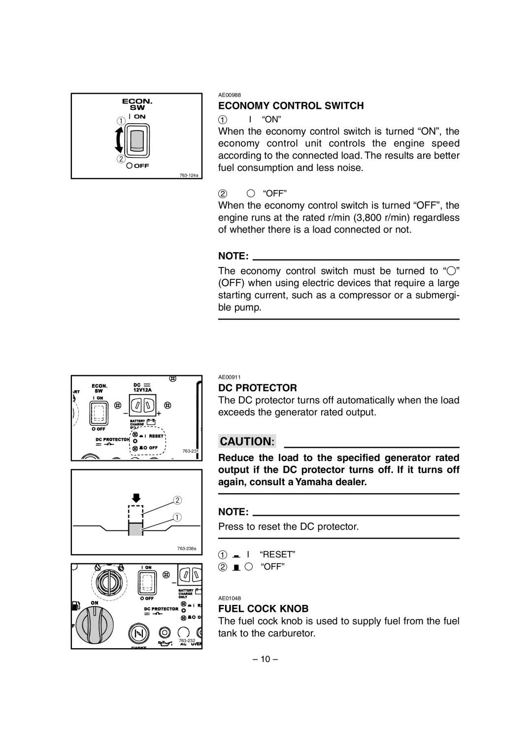 Yamaha EF3000iSE, EF3000iSEB owner manual Economy Control Switch, DC Protector, Fuel Cock Knob 