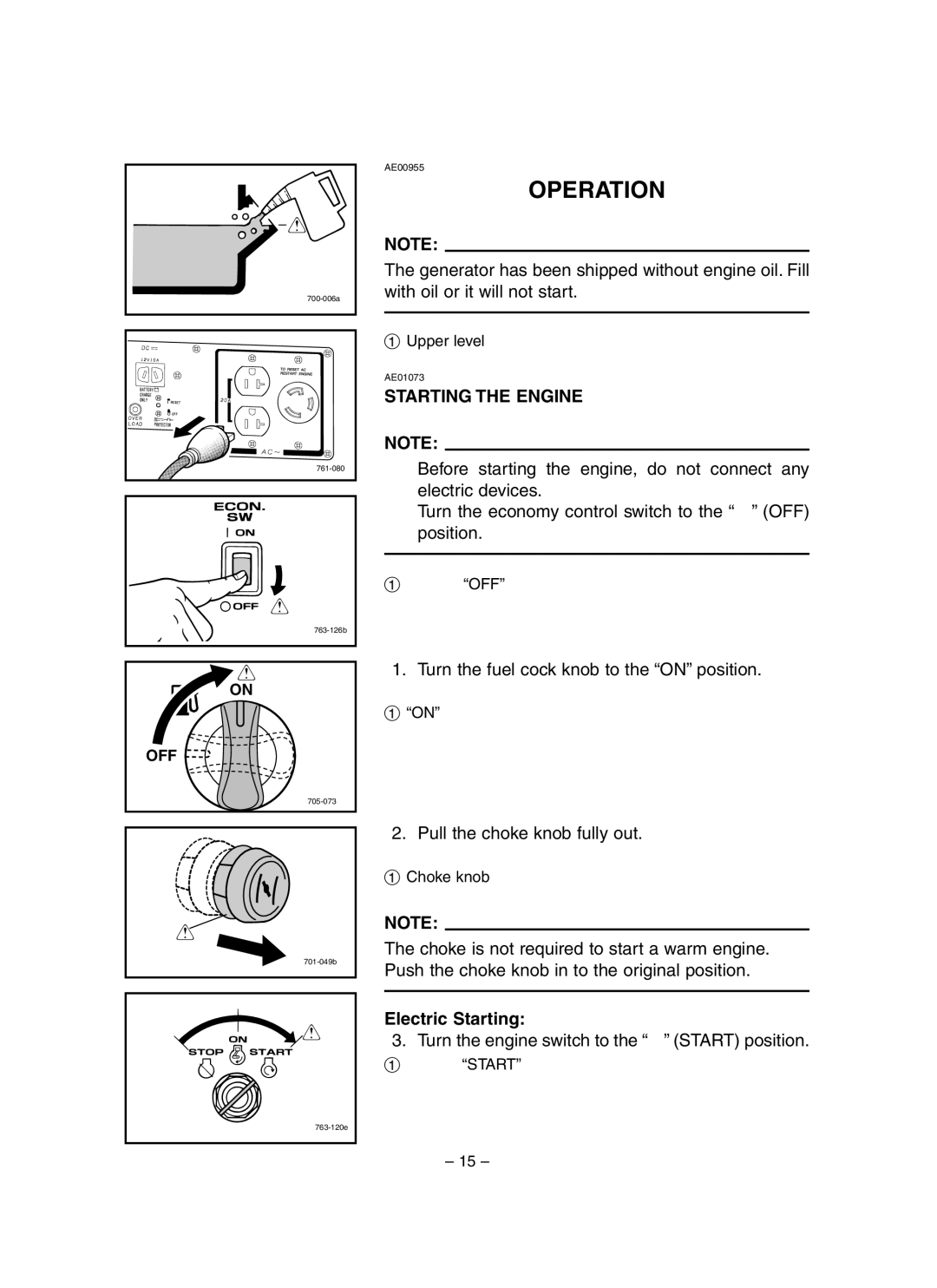 Yamaha EF3000iSE, EF3000iSEB owner manual Operation, Starting the Engine, Electric Starting 