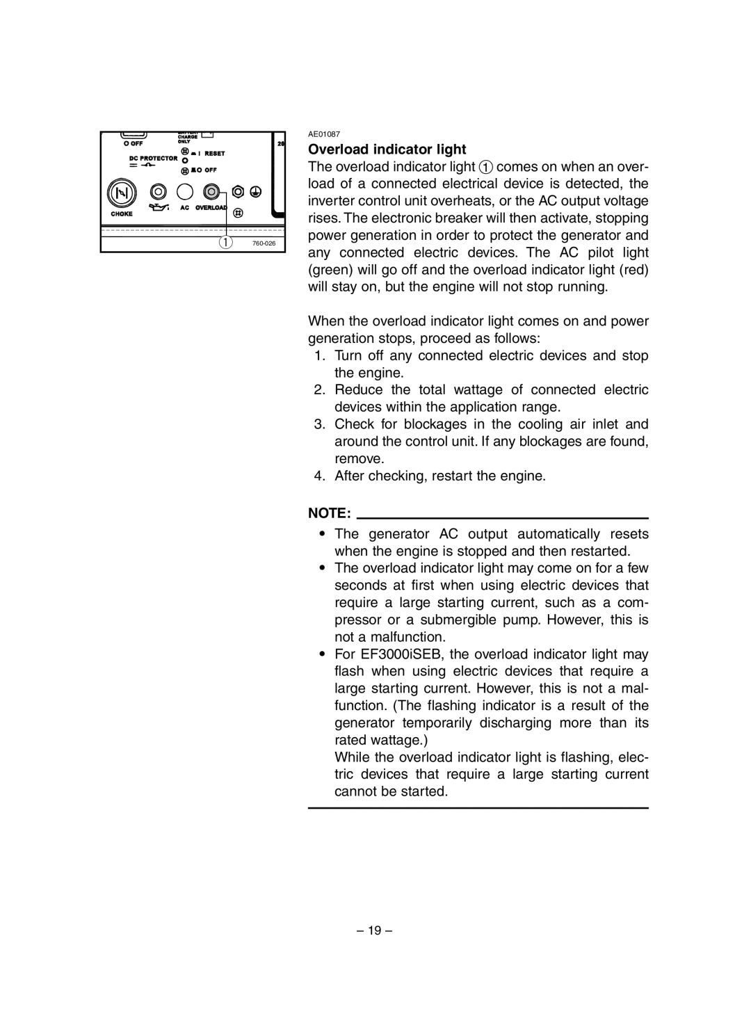 Yamaha EF3000iSE, EF3000iSEB owner manual Overload indicator light 