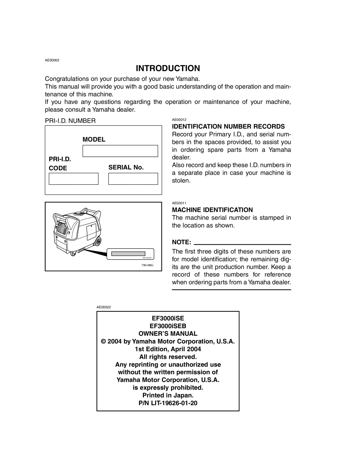 Yamaha EF3000iSE, EF3000iSEB owner manual Introduction, Model PRI-I.D Code, Serial No, Identification Number Records 