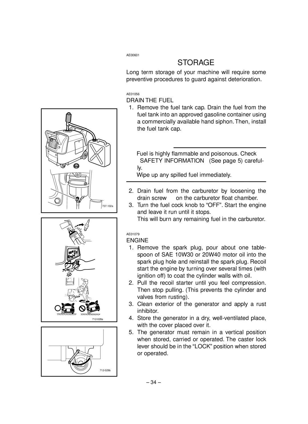 Yamaha EF3000iSE, EF3000iSEB owner manual Storage, Drain the Fuel, Engine 