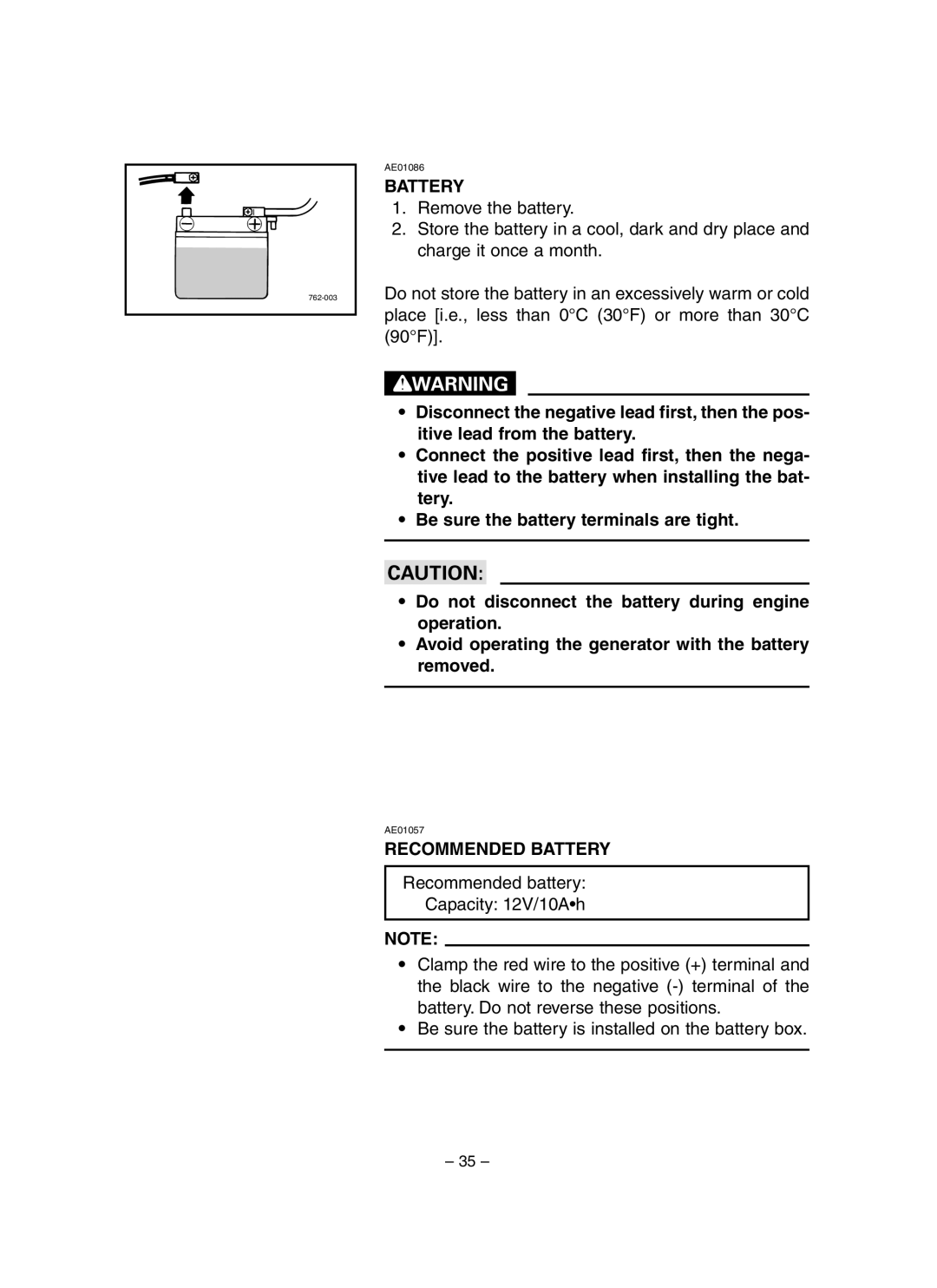 Yamaha EF3000iSE, EF3000iSEB owner manual Recommended Battery 