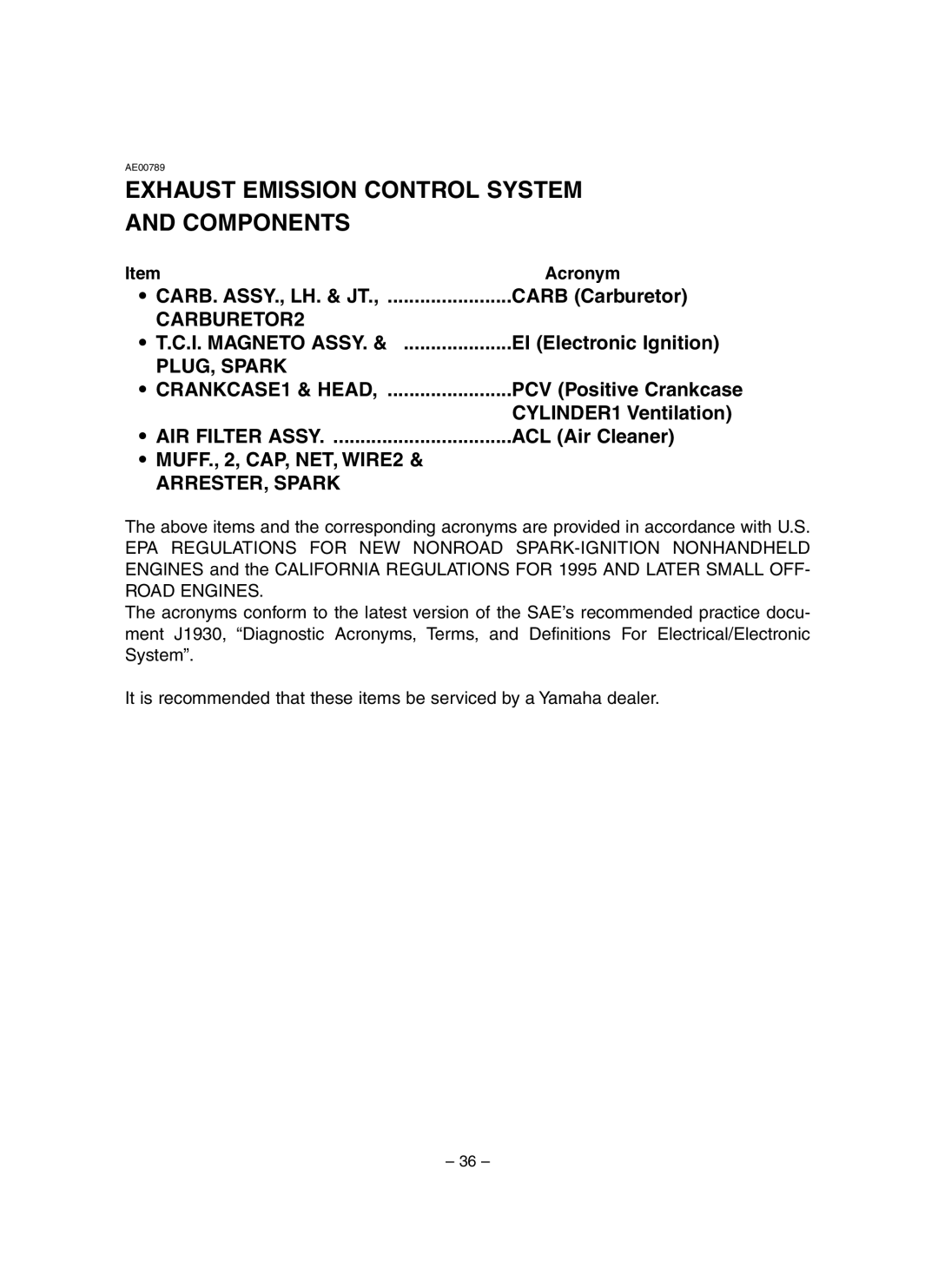 Yamaha EF3000iSE, EF3000iSEB owner manual Exhaust Emission Control System Components, Acronym 