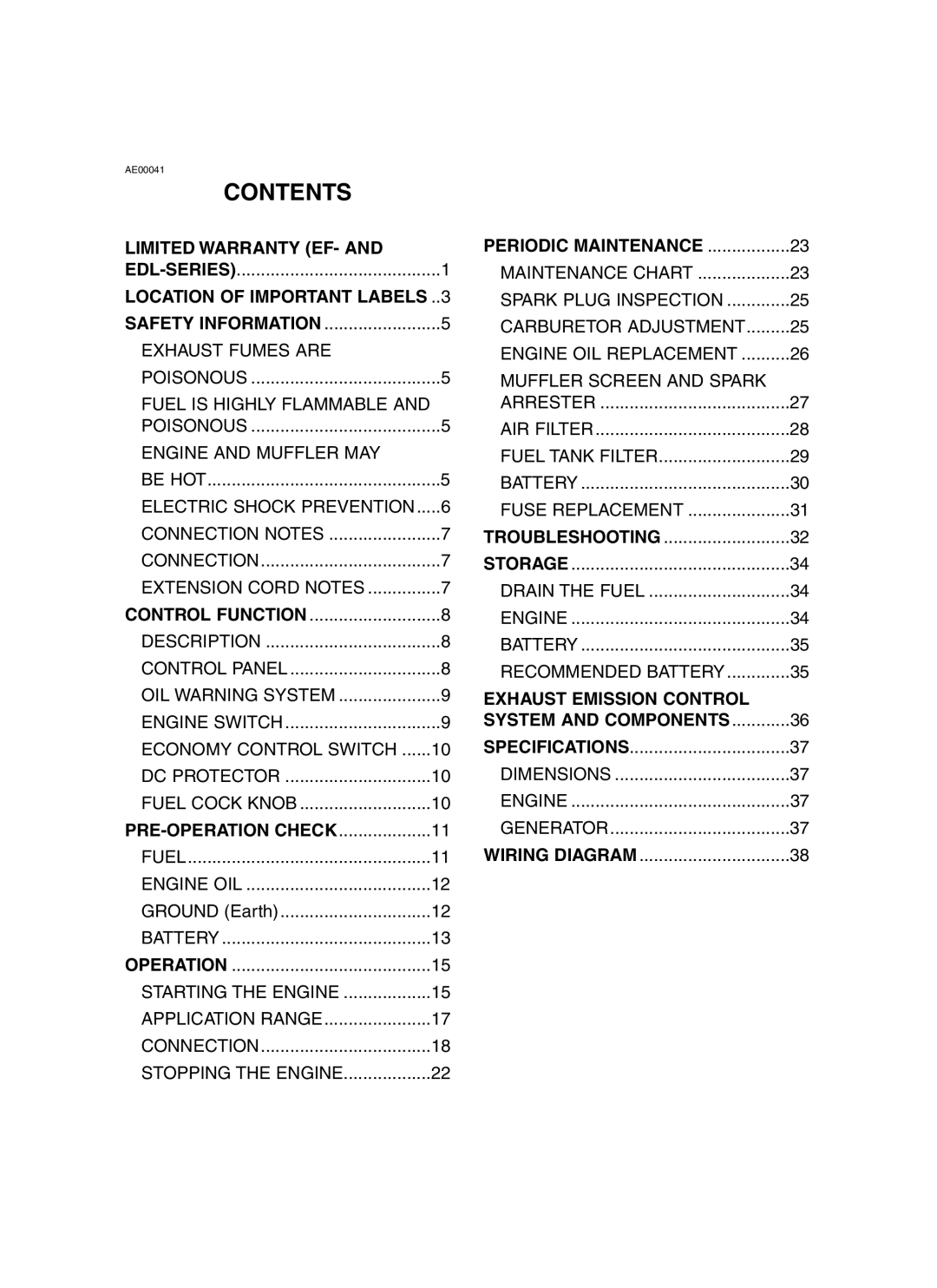 Yamaha EF3000iSE, EF3000iSEB owner manual Contents 