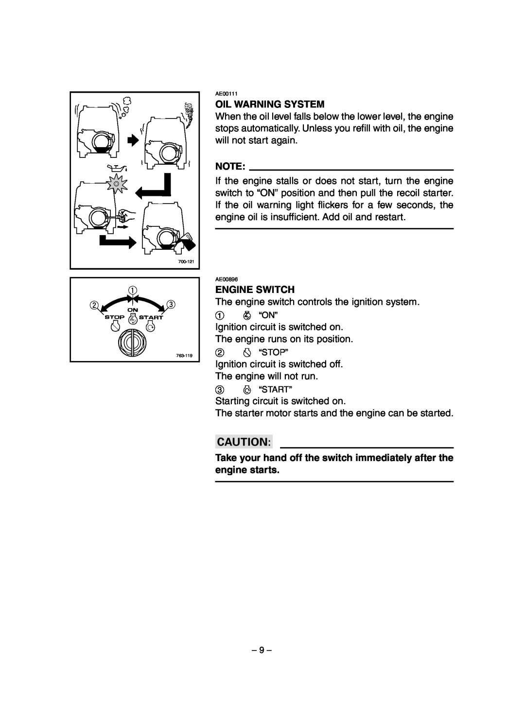 Yamaha EF3000iSE, EF3000iSEB owner manual Oil Warning System, Engine Switch 