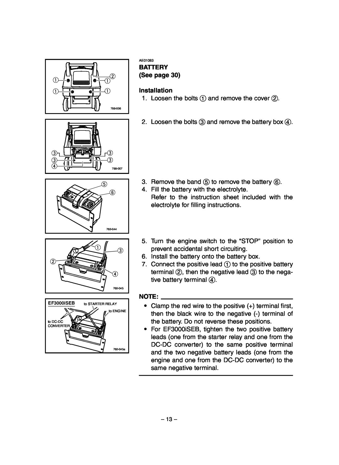 Yamaha EF3000iSE, EF3000iSEB owner manual BATTERY See page Installation 