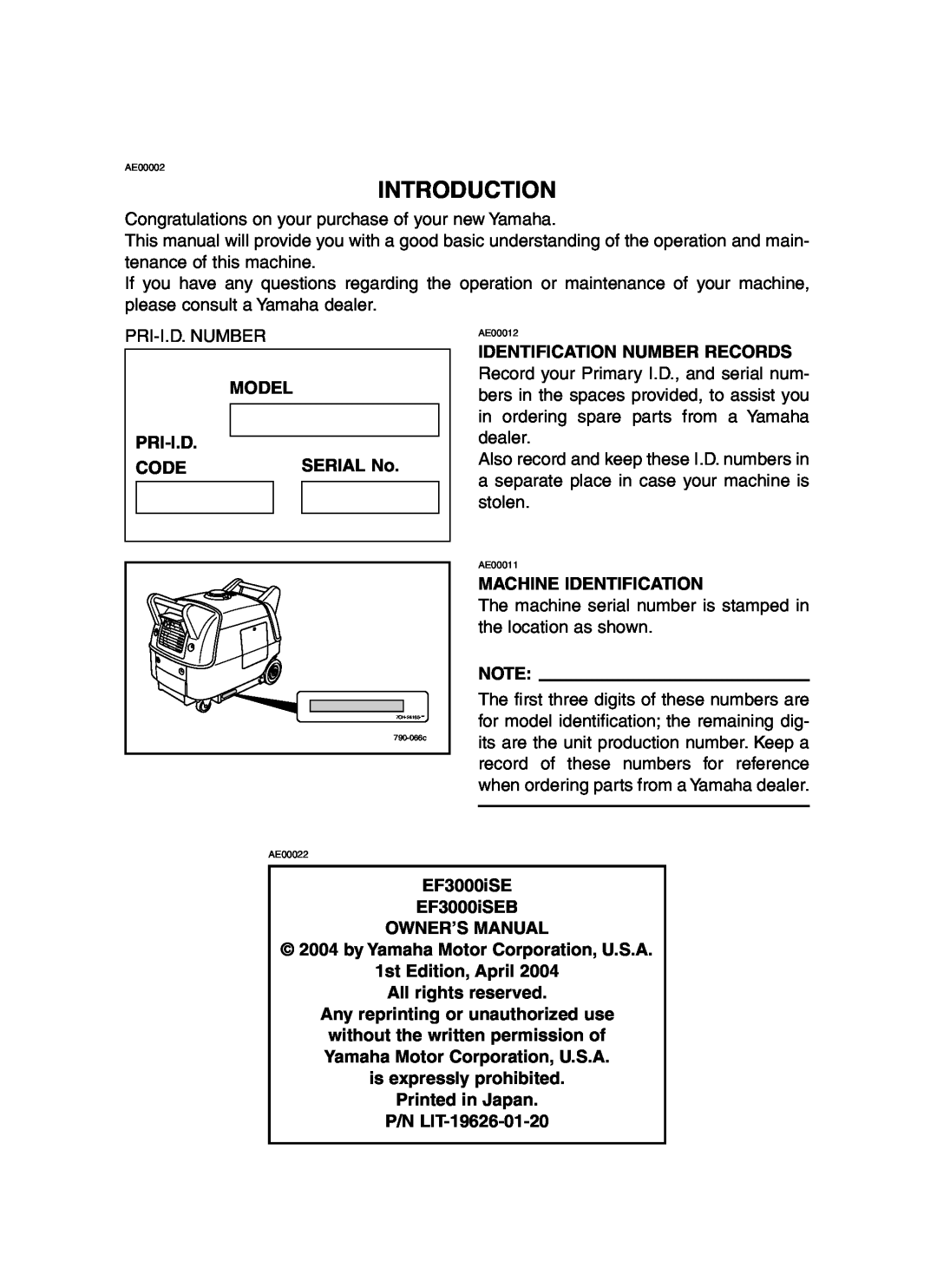Yamaha EF3000iSE, EF3000iSEB owner manual Introduction 