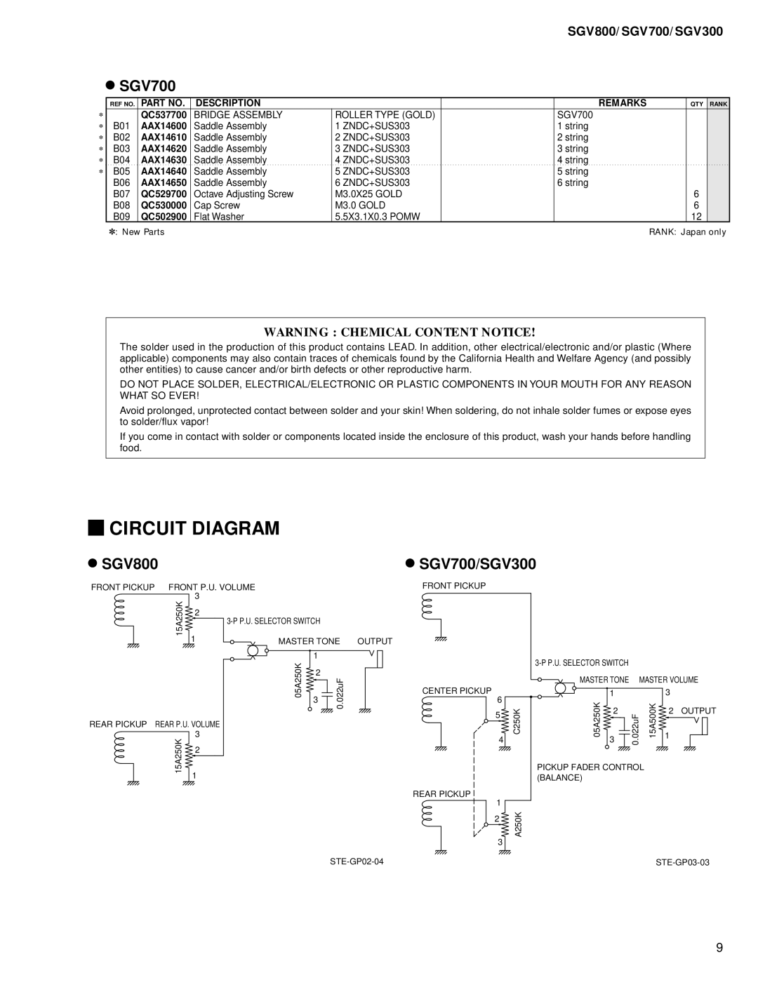 Yamaha EG 011511 service manual Circuit Diagram, SGV700/SGV300, Bridge Assembly Roller Type Gold, M3.0 Gold 