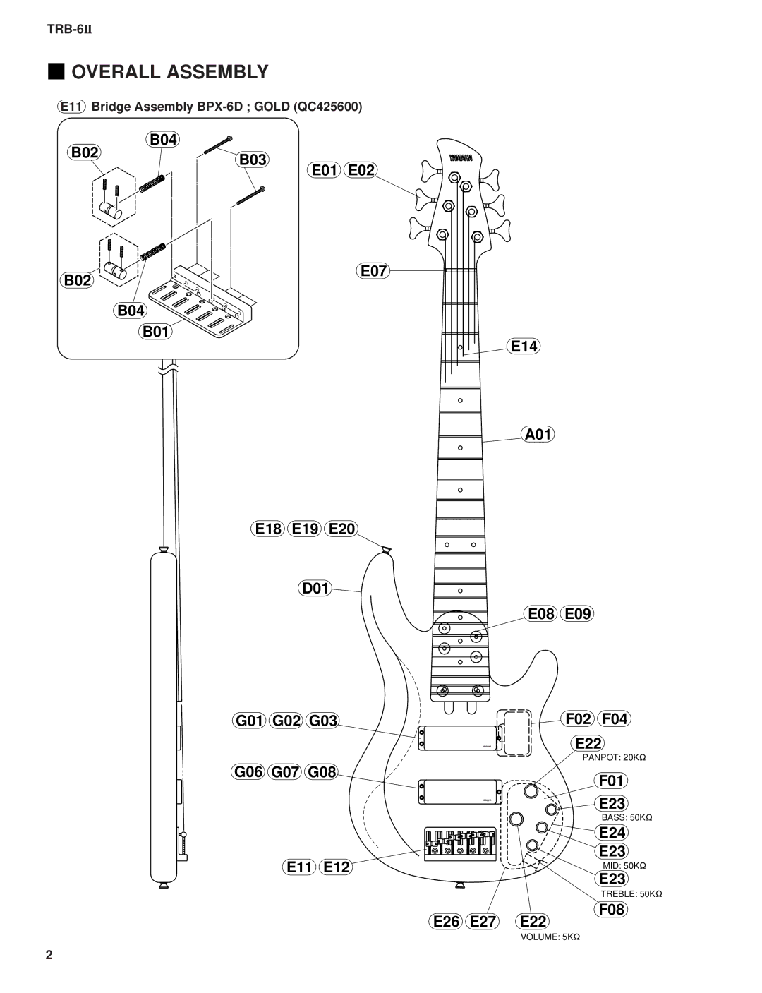 Yamaha ELECTIC BASS TRB-6 2, 11391 service manual Overall Assembly, F08 E26 E27 E22 