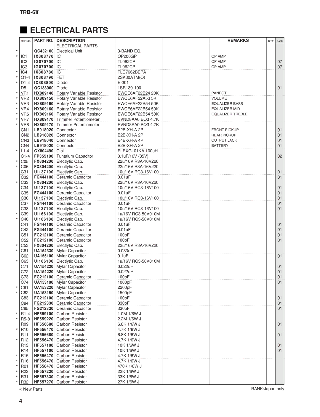 Yamaha ELECTIC BASS TRB-6 2, 11391 service manual Electrical Parts, Description Remarks 