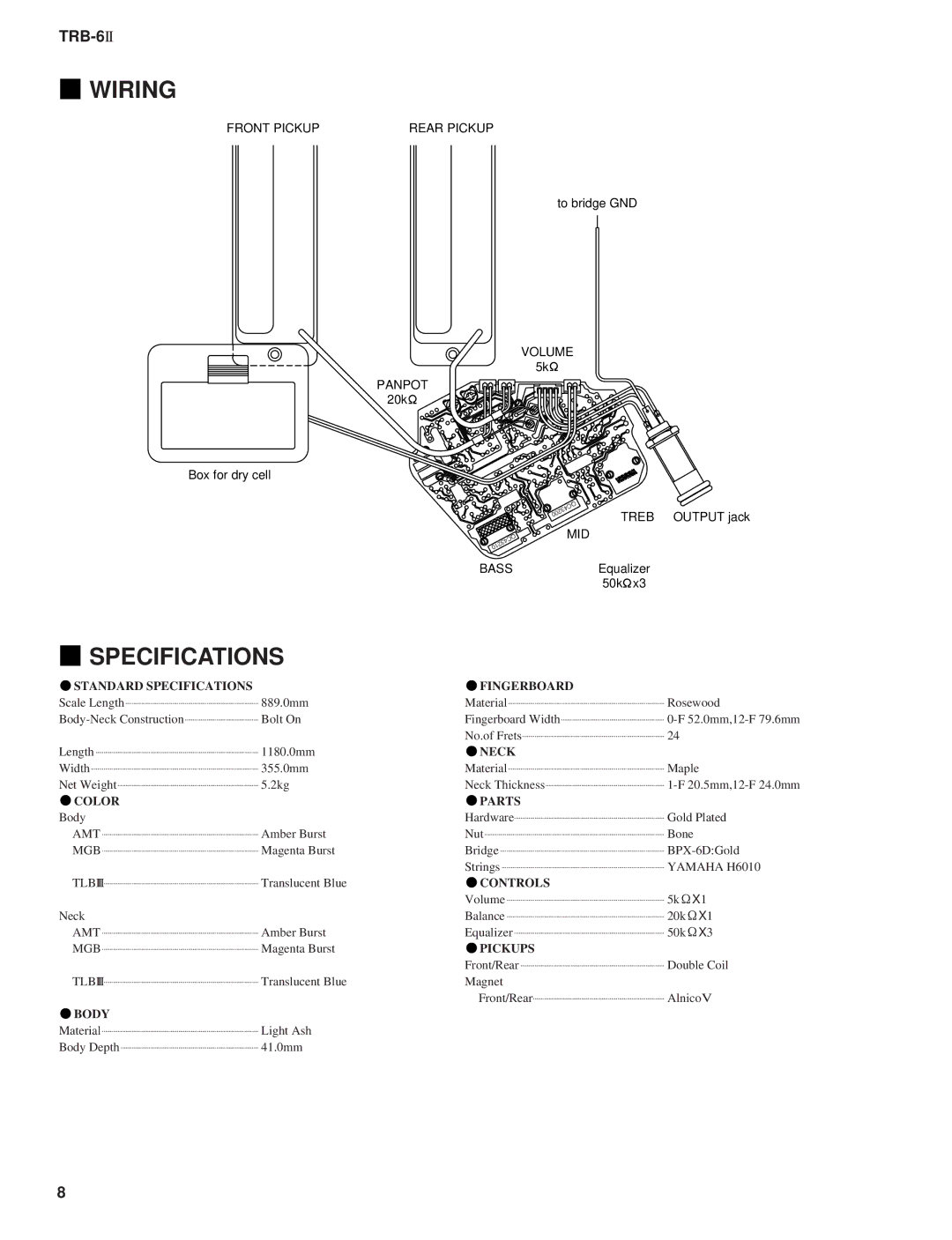 Yamaha ELECTIC BASS TRB-6 2, 11391 service manual Wiring, Specifications 