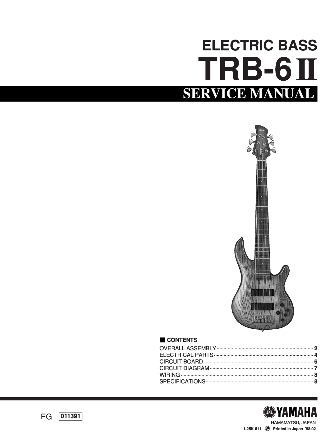 Yamaha ELECTIC BASS TRB-6 2 service manual Contents, Electric Bass, Service Manual, 011391 