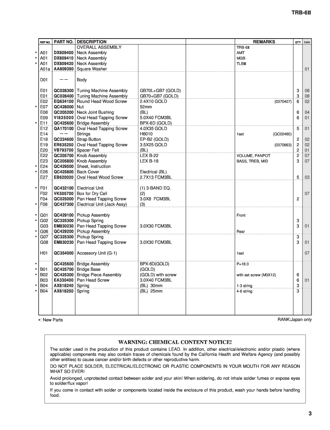 Yamaha 11391, ELECTIC BASS TRB-6 2 service manual TRB-6II, Warning Chemical Content Notice, Ref No 