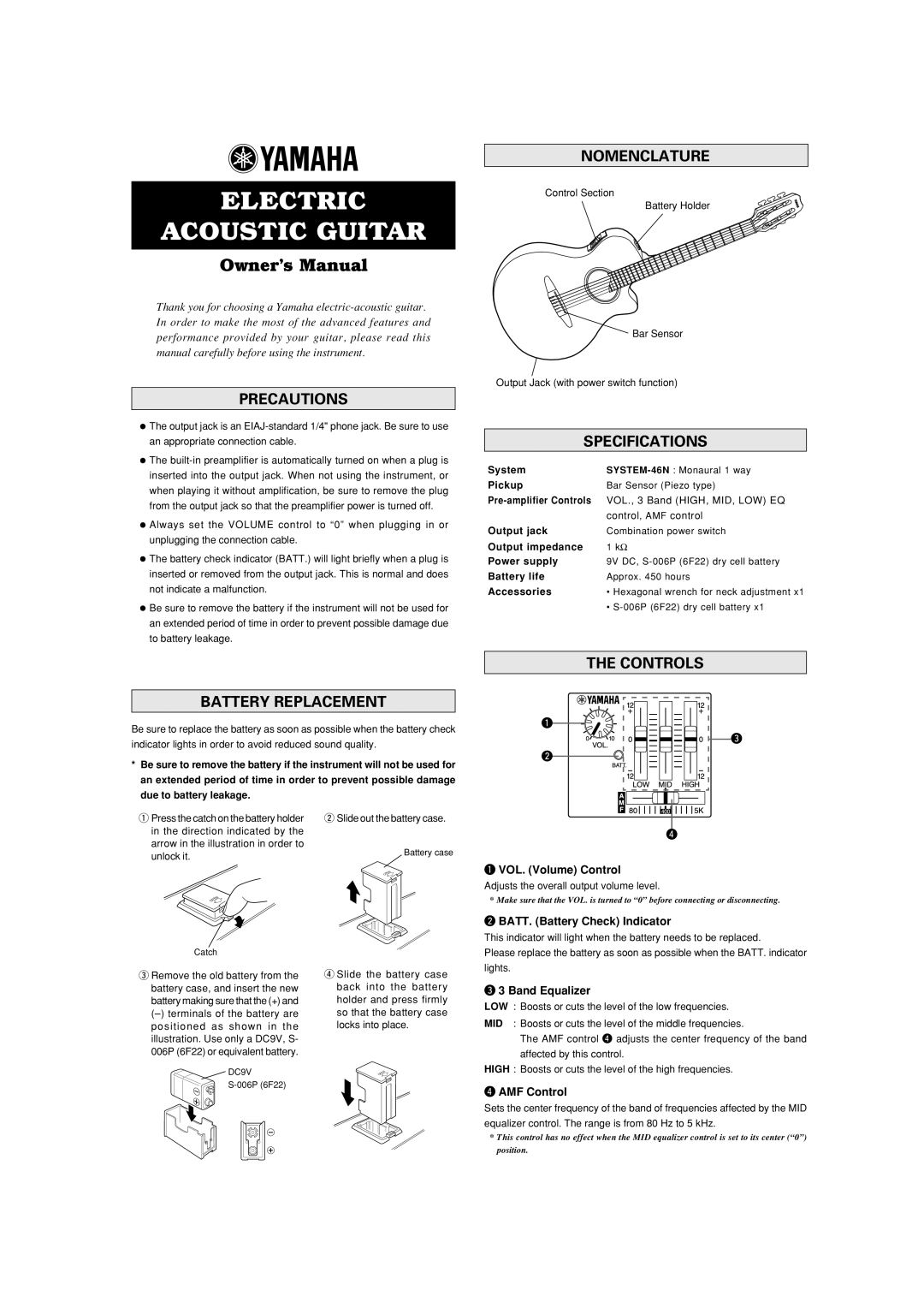 Yamaha Electric Acoustic Guitar specifications 