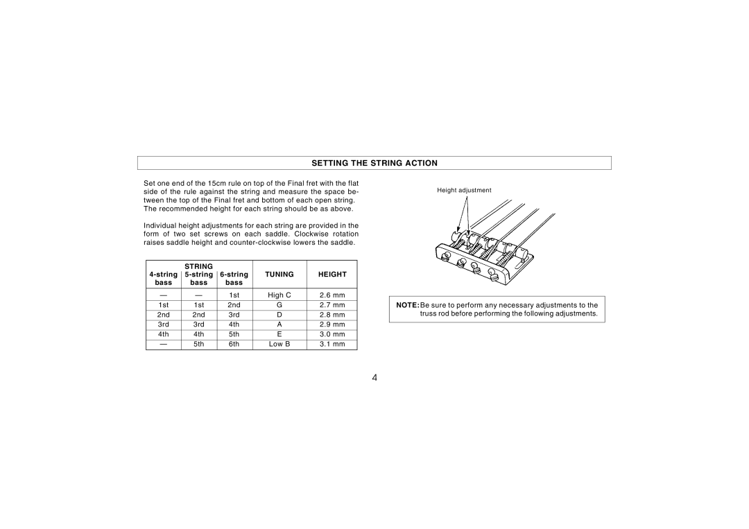 Yamaha Electric Bass owner manual Setting the String Action 