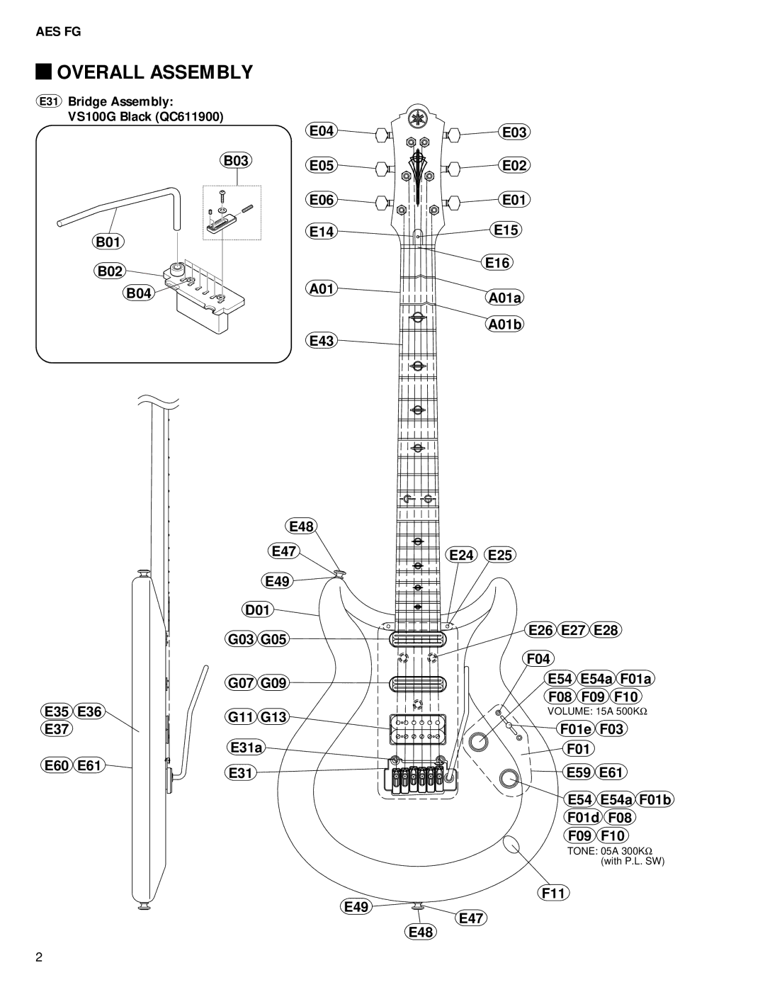 Yamaha Electric Guitar AES FG, 11575 service manual Overall Assembly, F11 E49 E47 E48 