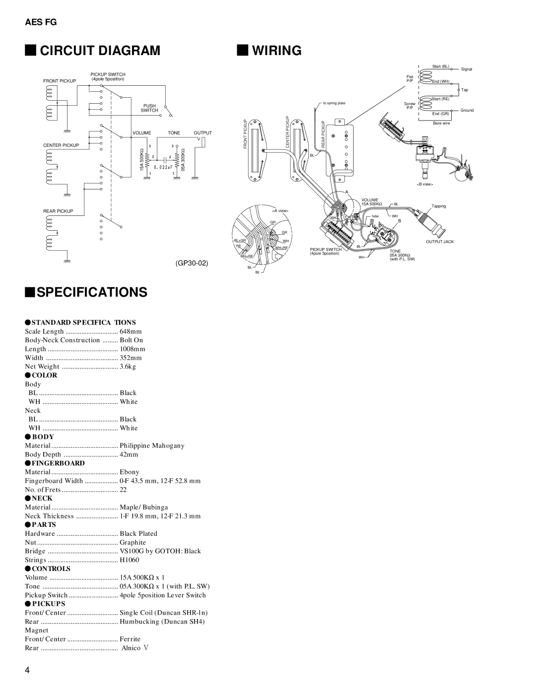 Yamaha Electric Guitar AES FG, 11575 service manual Circuit Diagram, Specifications, Wiring 