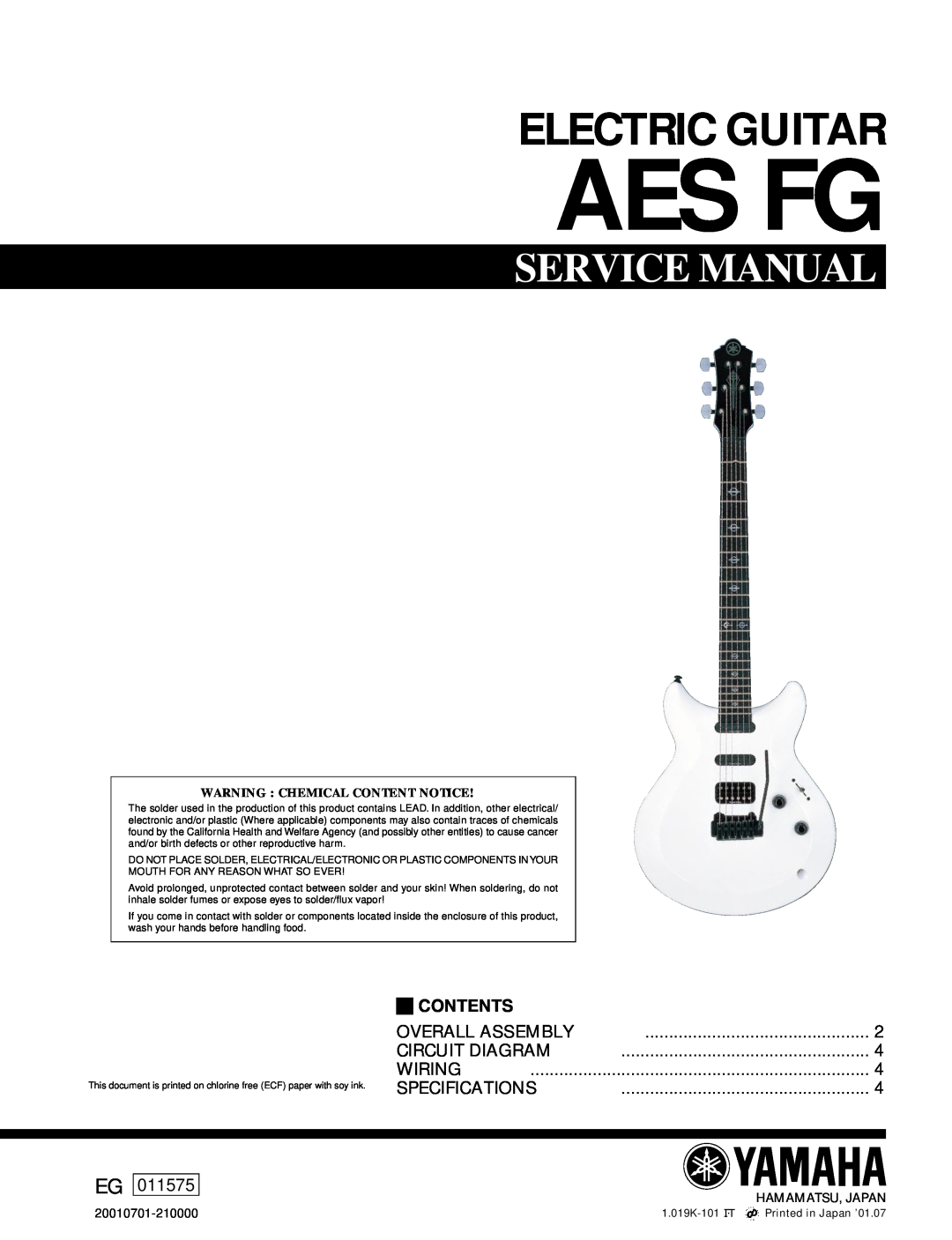 Yamaha 11575 service manual Aes Fg, Electric Guitar, Service Manual, Contents, Overall Assembly, Circuit Diagram, Wiring 