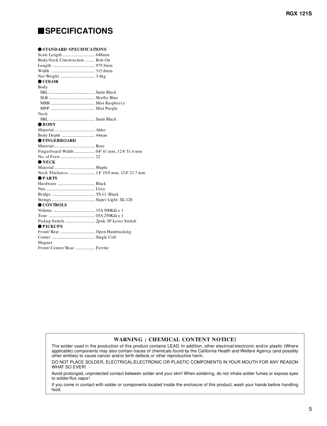 Yamaha EG 011535, Electric Guitar service manual Specifications, Pickups 