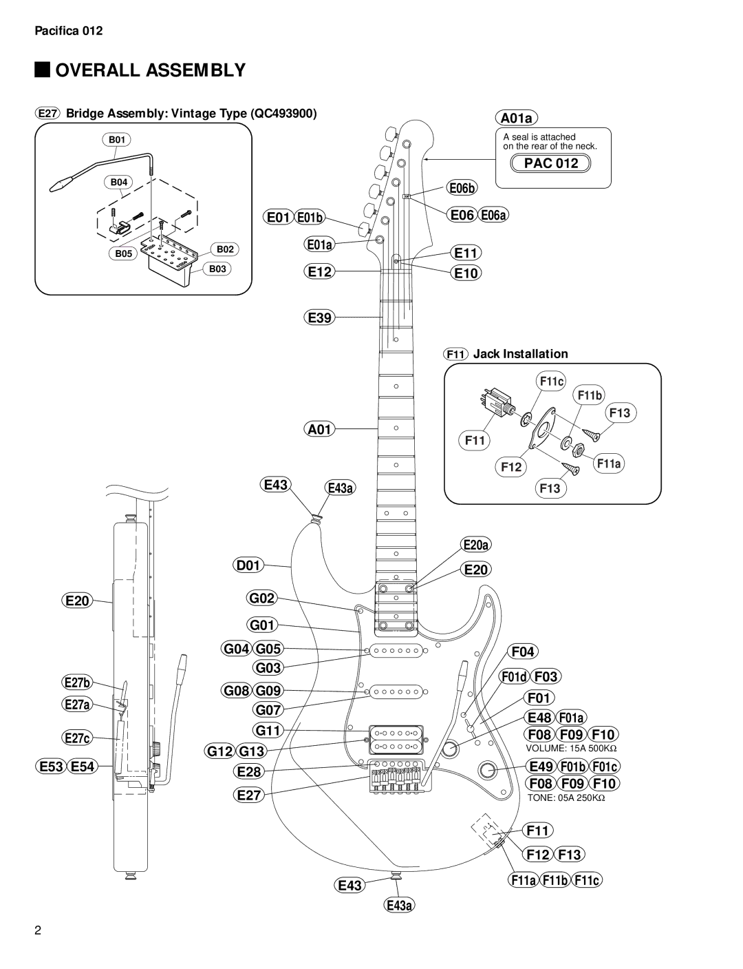 Yamaha Electric Guitar, Pacifica 012 service manual Overall Assembly, F11 F12 F13 E43 E43a F11a F11b F11c 