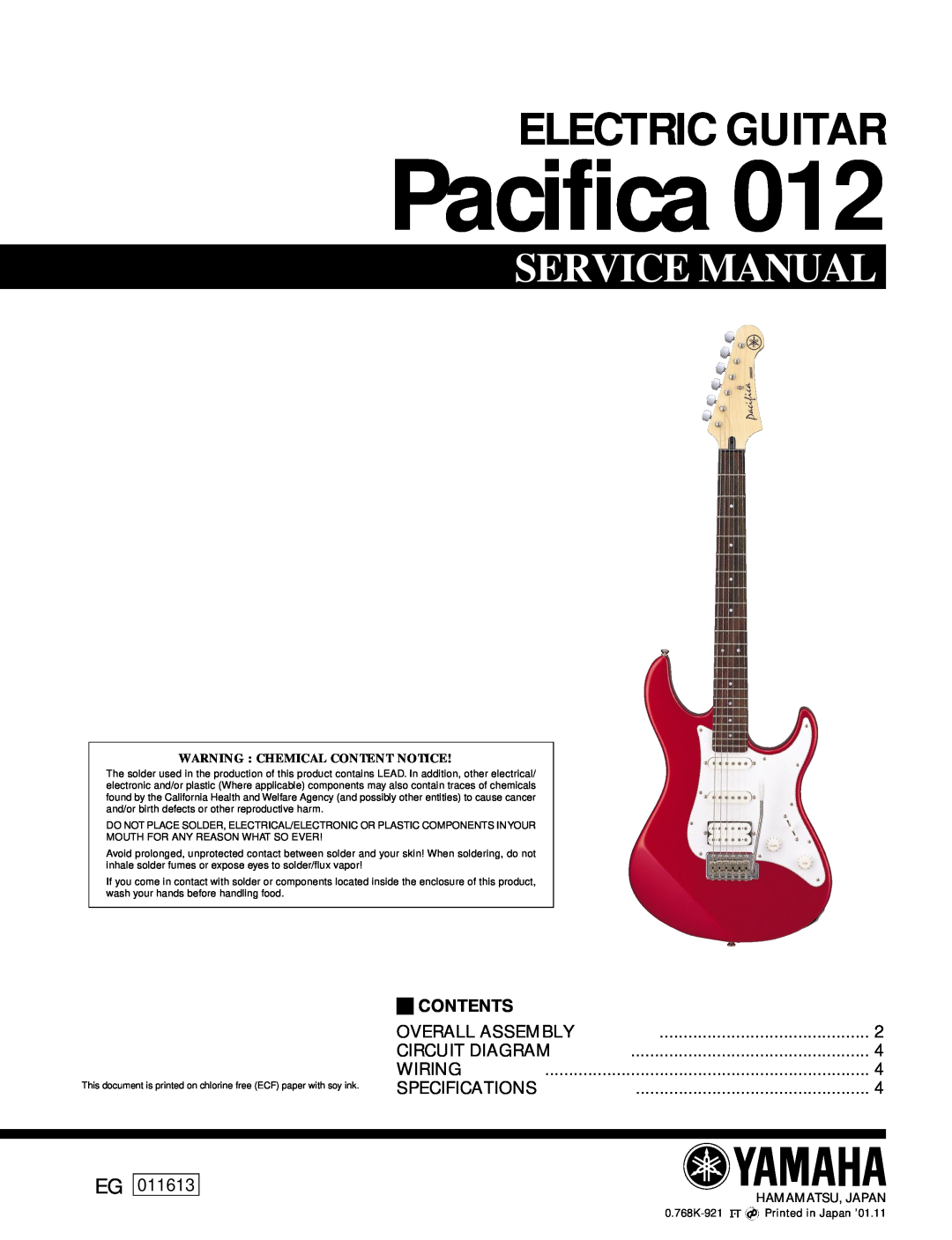 Yamaha Pacifica 012 service manual Electric Guitar, Service Manual, Contents, Overall Assembly, Circuit Diagram, Wiring 