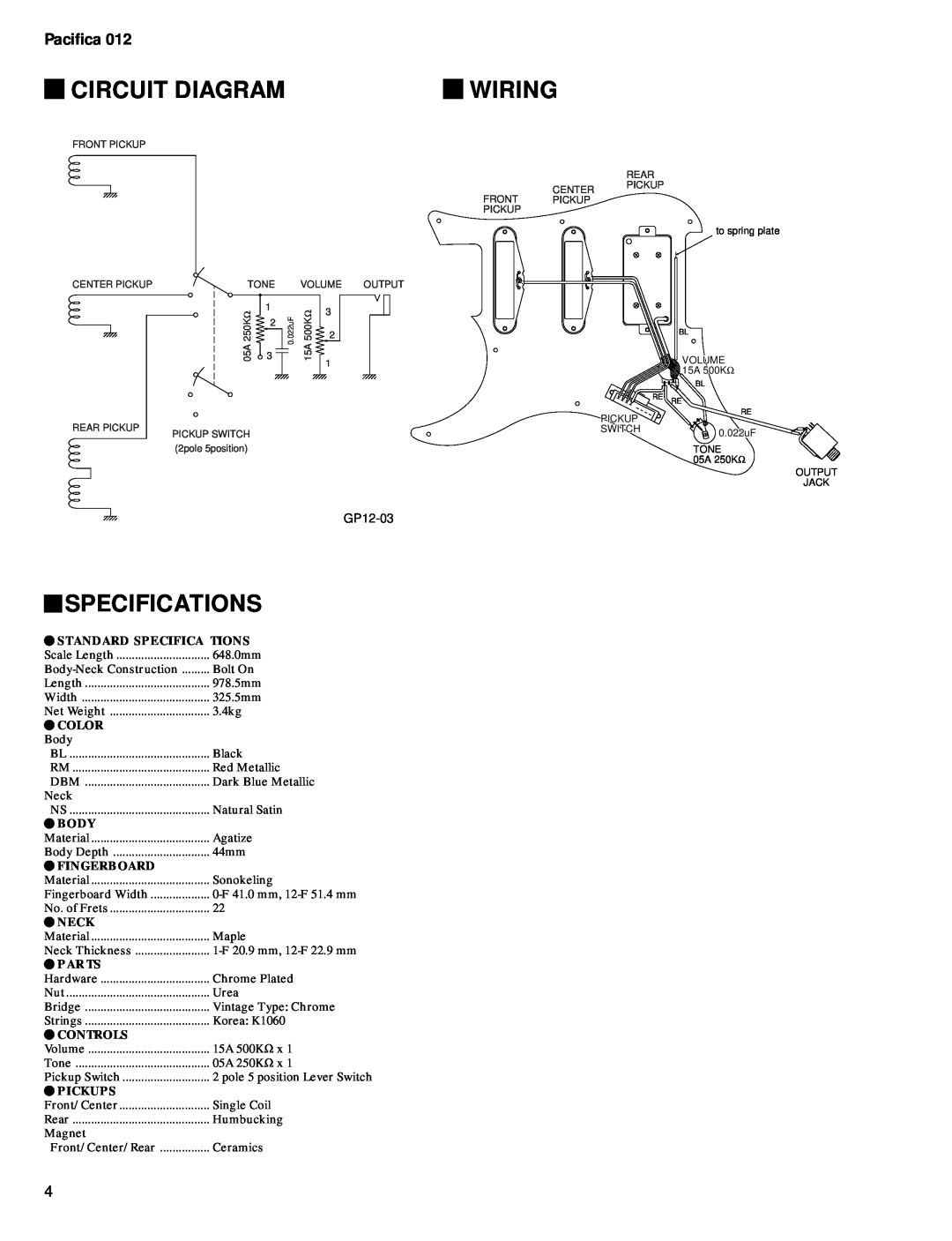 Yamaha Electric Guitar Circuit Diagram, Wiring, Specifications, Pacifica, Standard Specifica Tions, Color, Body, Neck 